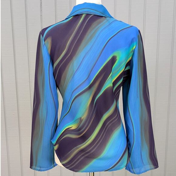 VTG 90s Compagnie Internationale Express Blue Swirl Collared Long Sleeve Top Med - Picture 4 of 6